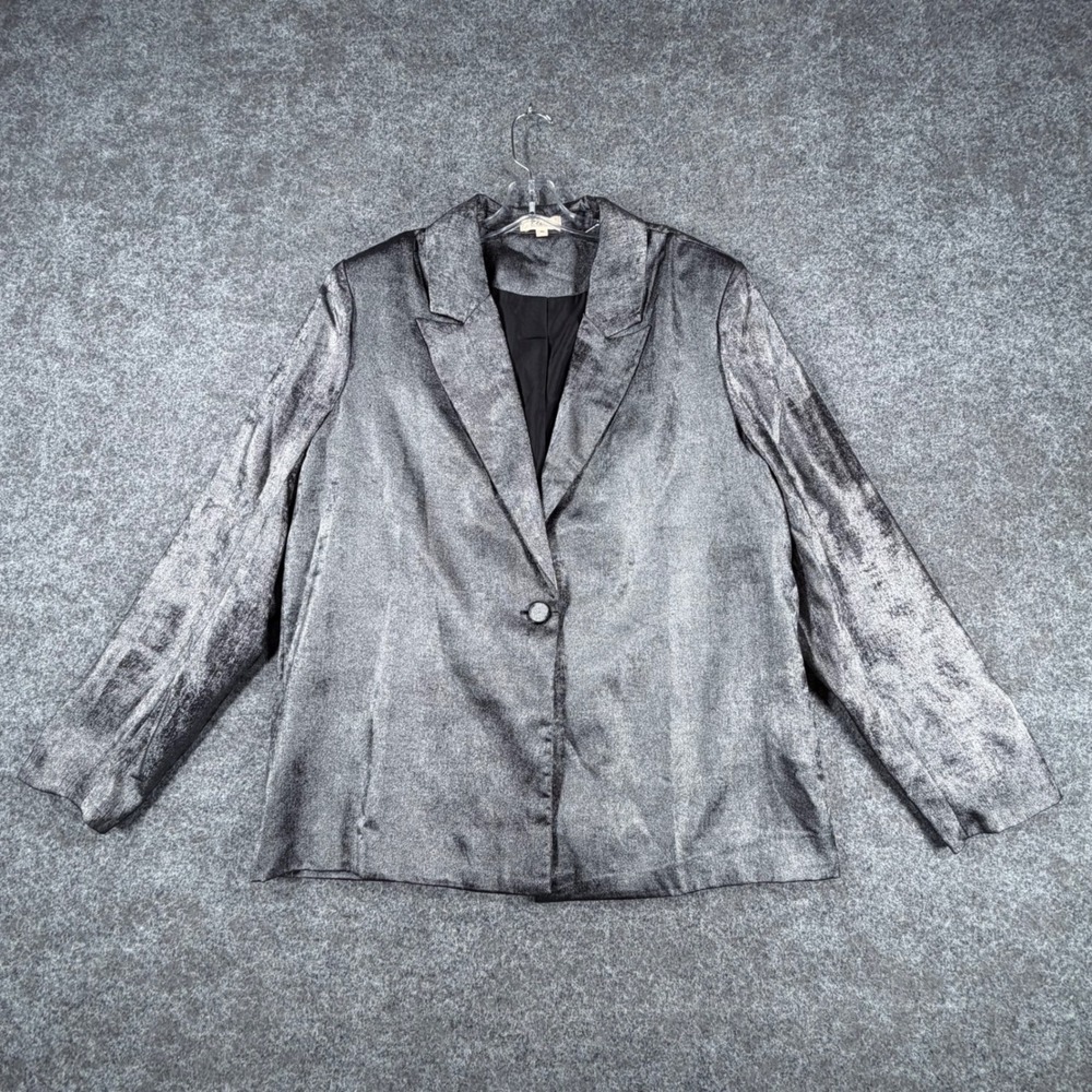ELAN‎ Metallic Silver Blazer Jacket Womens XL Shimmer Satin Wide Lapel Mint